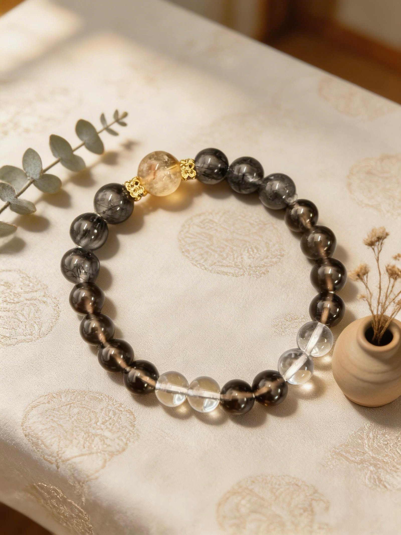 2f9aeaad78f809387f621b2d9e4bd9af Smoky Quartz & Black Tourmaline Quartz Bracelet with Citrine Accent DH186 - 图片 1